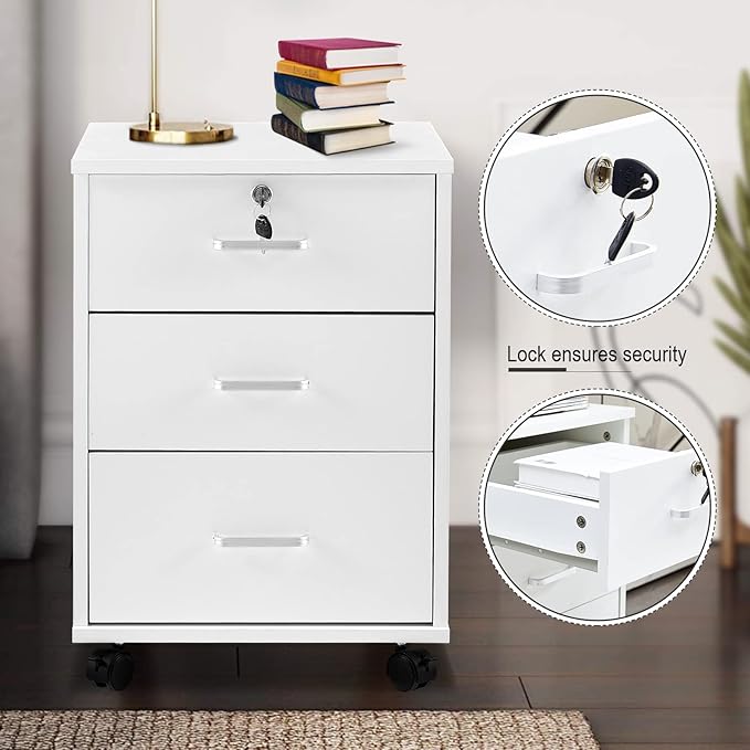 Mobile File Cabinet with Lockable Drawer, 3-Drawers Under Desk Storage Cabinet with 360°Swivel Wheels, Wooden Stationery Storage Cabinet for Legal/Letter/ A4 Documents (White)