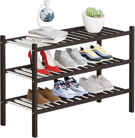 3 Tier Bamboo Shoe Rack Storage Organizer for Closet, Multifunctional Stackable Free Standing Shoe Shelf Organizer for Small Space,Entryway, Hallway, Bathroom27 x11 x20(Brown, 3 Tier)