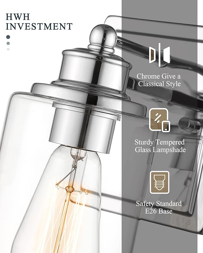 Bathroom Vanity Light Chrome, HWH Modern Wall Lighting Over Mirror, 1-Light Wall Sconce with Clear Glass Shade for Bathroom, Powder Room, Dressing Table, 5HLT63B CH