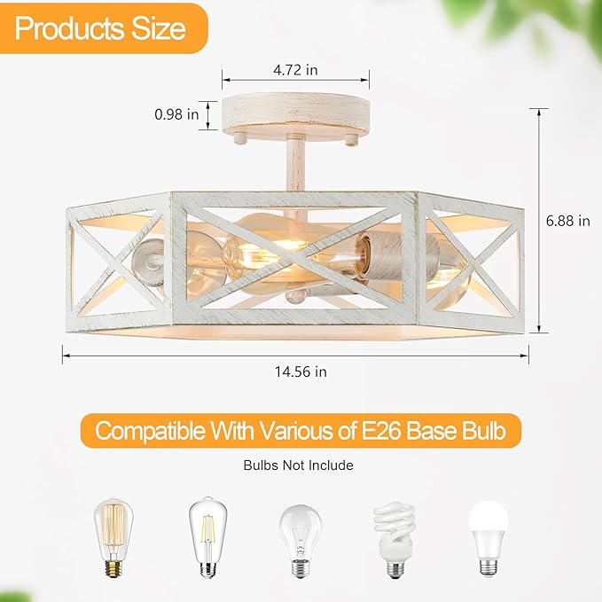 3-Light Flush Mount Ceiling Light Fixture, Modern Close to Ceiling Light with White Metal Hexagon Cage, Farmhouse Ceiling Light for Bedroom, Hallway, Entry, Foyer, Kitchen
