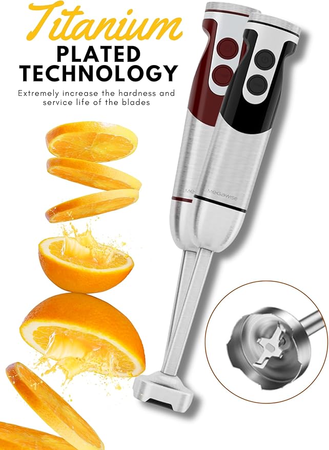 MegaWise 3-in-1 Hand Blender Set with Variable Speed Control, 400W Immersion Blender - Includes Whisk, Milk Frother, Chopper, and Beaker for Smoothies, Soups, and Baby Food (RED)