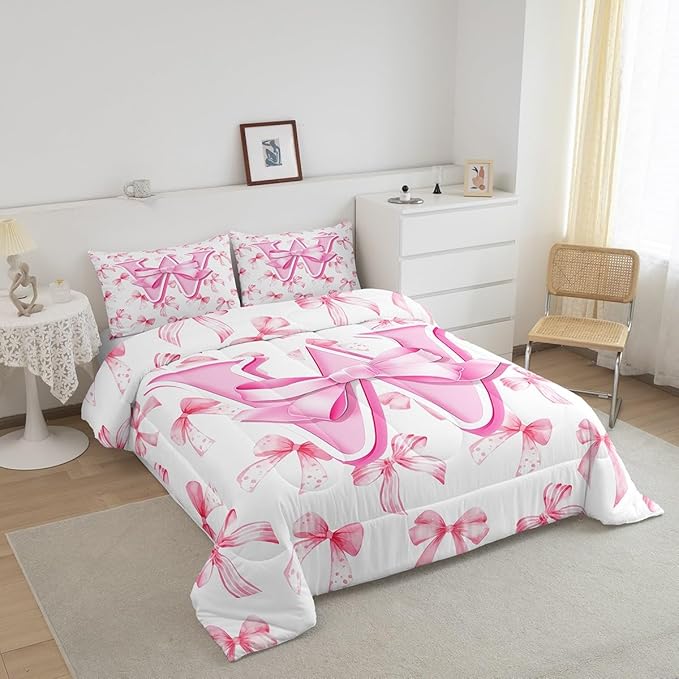 jejeloiu Kids Girls Cute Pink Bow Comforter Set Queen Size Monogrammed Bedding Set Ultra Soft Personalized Initial W Duvet Quilt Coquette Bow Knot Quilt Set Room Decor Modern Fashion Comforter