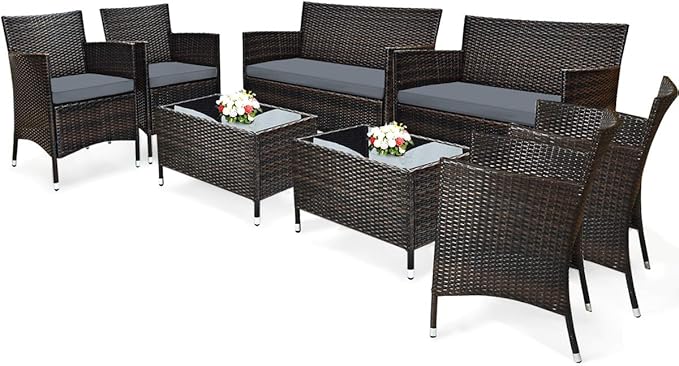 Tangkula 8 PCS Patio Rattan Conversation Set, Outdoor Wicker Furniture Set with Tempered Glass Coffee Table &Thick Cushion, Rattan Chair Wicker Set for Garden, Lawn, Poolside and Backyard (2, Gray)