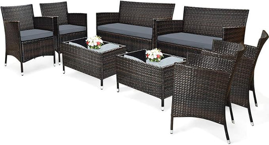 Tangkula 8 PCS Patio Rattan Conversation Set, Outdoor Wicker Furniture Set with Tempered Glass Coffee Table &Thick Cushion, Rattan Chair Wicker Set for Garden, Lawn, Poolside and Backyard (2, Gray)