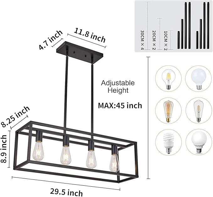 Farmhouse Rectangle Chandeliers for Dining Rooms, Modern Linear Hanging Light Fixture Matte Black 4-Light Industrial Pendant Lighting for Kitchen Island