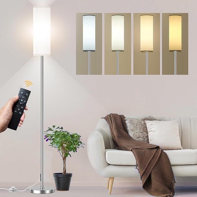 Floor Lamp for Living Room Bedroom, Modern Floor Lamp with Remote,Stepless Dimmable,Nickel Pole and Beige Linen lampshade （12W Bulb Included）