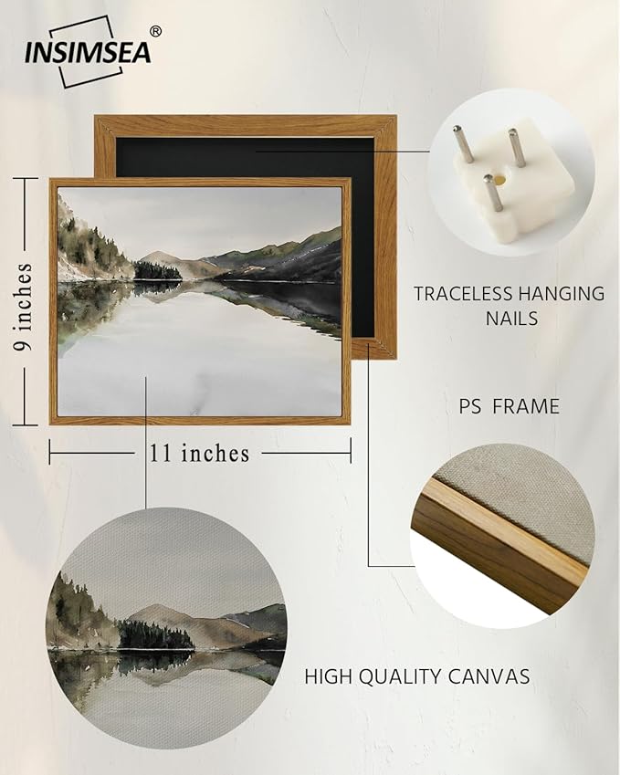 InSimSea Framed Wall Art for Living Room Mountain Reflection Decor Vintage Wall Art Mountain Range Nature Wilderness Art Decorative Rustic for Living Room Bedroom Office Wall Decor 9x11in