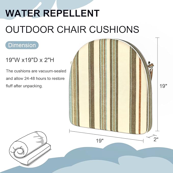 Set of 4 Outdoor Chair Cushions 19"x19"x2",Water Repellent Dining Seat Cushion with Ties and Removable Covers, Chair Cushions for Indoor and Patio Furniture, Stripe Onyx