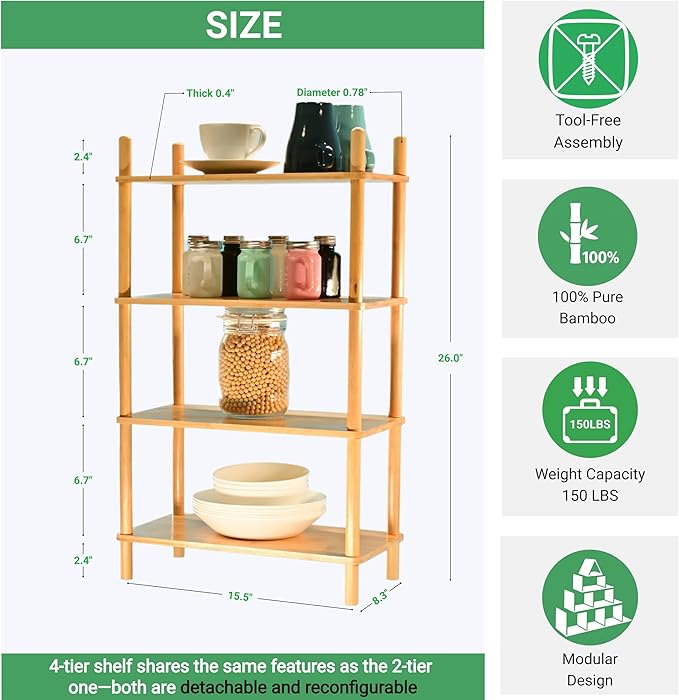 Bamboo Rack | Tool-Free Expandable (2-6 Tiers) | Kitchen Spice Organizer & Office Breakroom Snack/Cup Storage (Natural Bamboo)(Powered by Gogogo) (Natural, 15.6" W(4 Tier))