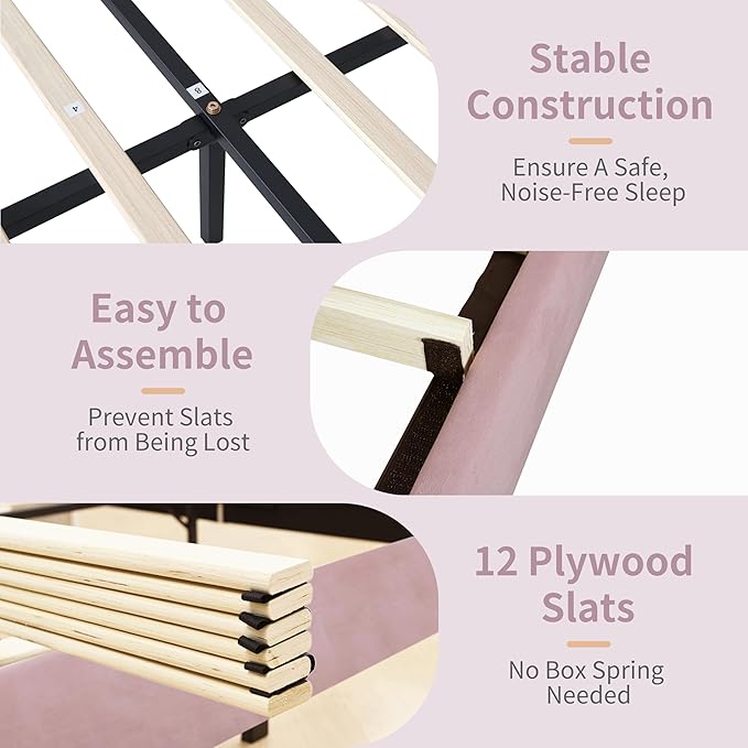 Full Size Upholstered Platform Bed Frame with Modern Wingback & Vertical Panel Headboard, Velvet Fabric, Wooden Legs & Slats Support, No Box Spring Needed, Noise-Free & Easy Assembly, Pink