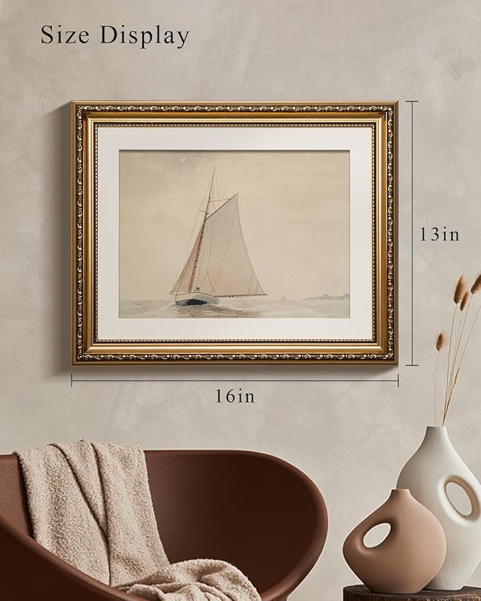 VIYYIEA Gold Framed Wall Art Canvas Print Home Decor for Living Room White Sailboat Seascape Watercolor Vintage Beach Painting on Canvas - Coastal Wall Art Prints for Bedroom Office Bathroom 13x16in