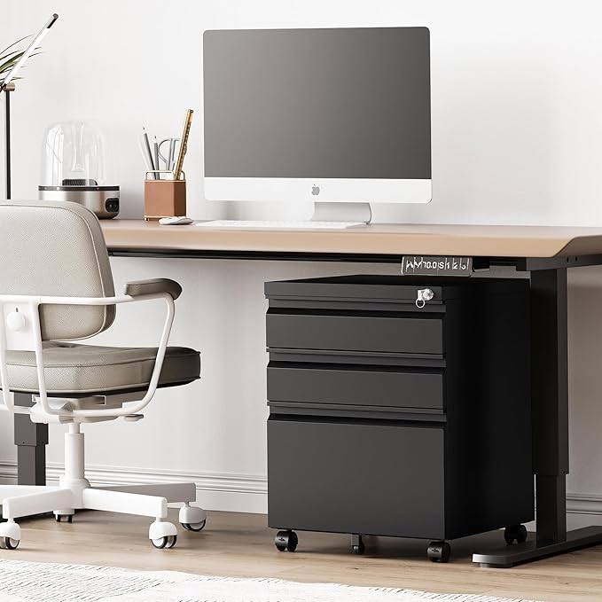 3 Drawer File Cabinet，Mobile Filing Cabinet with Lock and Wheels，Un-Assembled Metal Under Desk File Cabinets for A4/Letter/Legal Size（Black