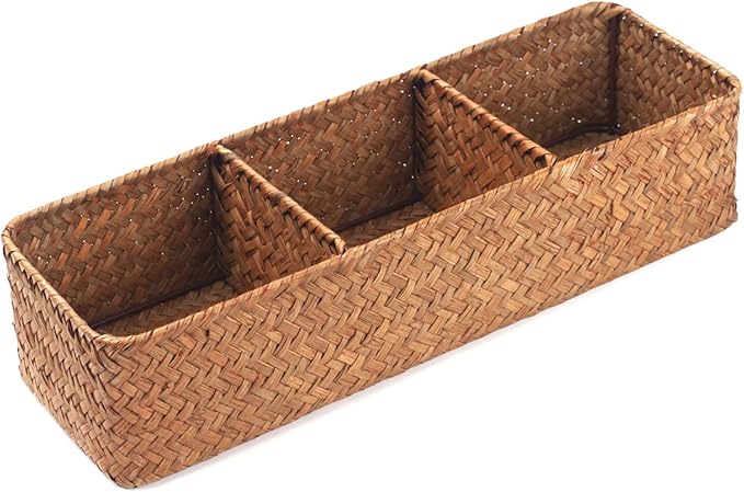 DOKOT Seagrass Toilet Tank Basket with 3 Section, Bathroom Toilet Paper Storage Baskets for Organizing (Natural)