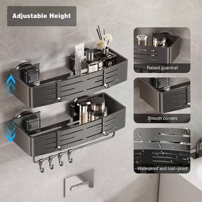 Voldra Shower Caddy Suction Cup, 1 Pack Shower Shelves for Inside Shower No Drilling, Aluminum Suction Showers Organizer with Towel Bar & Hooks Removable Bathroom Shelf Storage Rack(Gray)