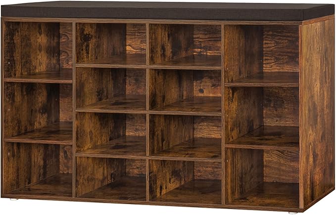 DINZI LVJ Shoe Storage Bench with Cushion, 14-Cubby Shoe Rack, Adjustable Shelves, Multifunctional Shoe Organizer Bench for Entryway, Mudroom, Hallway, Living Room, Bedroom and Garage, Rustic Brown