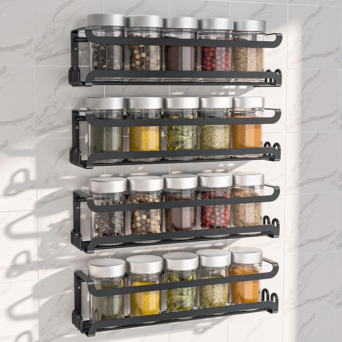LUCYCAZ 4 Pack Wall Mounted Spice Rack with 16 Hooks, Spice Organizer Shelf for Stove Cabinet Pantry Door,Screw or Adhesive Spice Shelf Hanging Wall Spice Rack in Kitchen and RV (Black, 4 PACK)