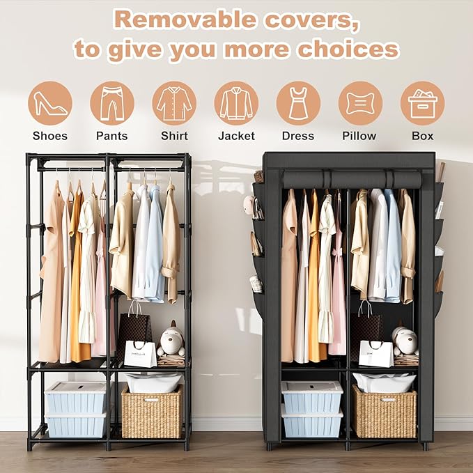 Portable Closet for Hanging Clothes, Portable Wardrobe Closet with Cover, 4 Storage Shelves, 2 Hanging Rods and 8 Side Pockets, Easy Assembly and Sturdy Free Standing Closet for Bedroom, Black