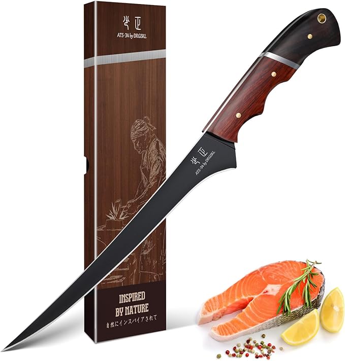 Fish Fillet Knife 7inch - Black Meat Slicing Knife in High Carbon Steel, Boning Knives for Meat Poultry Chicken Trimming, Fish Knives with Wooden Handle, Gift for Men