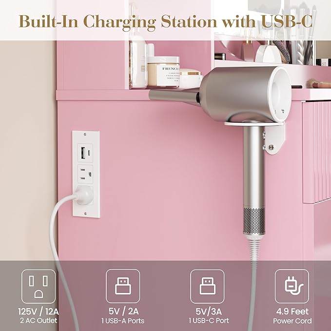 Vanity Desk with Mirror and Lights, Pink Makeup Vanity with Charging Station, Dressing Table Set with Storage Chair, Drawer Shelves, and Foldable Panel for Compact Space Bedroom, Pink