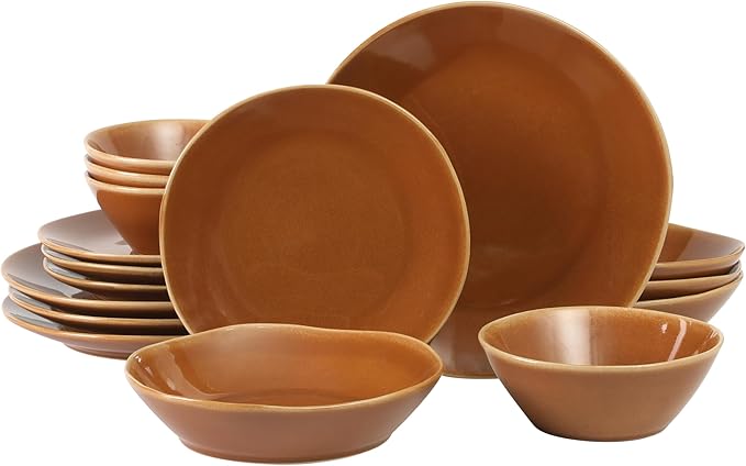 Bloomhouse Montecito Breeze 16 Piece (Service for 4) Double Plates and Bowls Stoneware Reactive Glaze Dinnerware Set - Terracotta Canyon