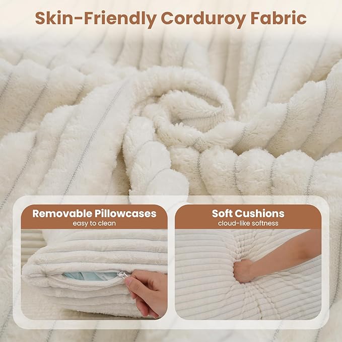 OC Orange-Casual 106.3" Cloud Sectional Couch with L-Shape Chaise,No Assembly Required Modular Sofa,Upholstered Boneless Couches for Living Room, Plush Corduroy Fabric (White, Right Facing Chaise)