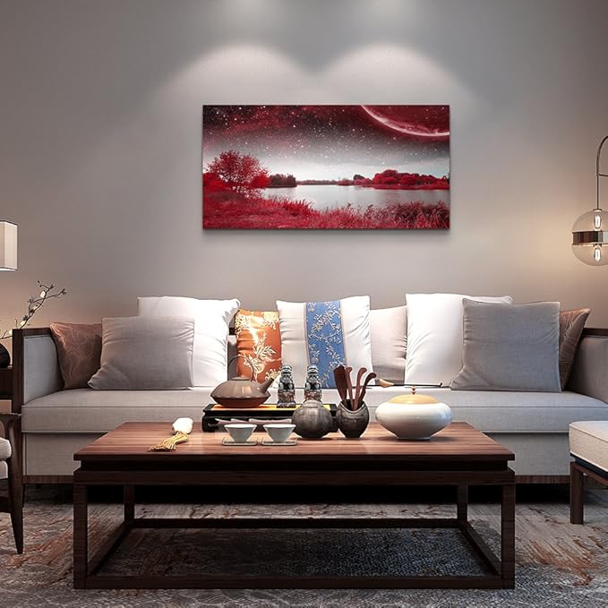 Print Artwork Wall Art Decor Poster for living room Red tree moon starry sky red landscape painting bathroom Wall Art for bedroom Canvas Prints Picture Works Ready to Hang Office Home decorations