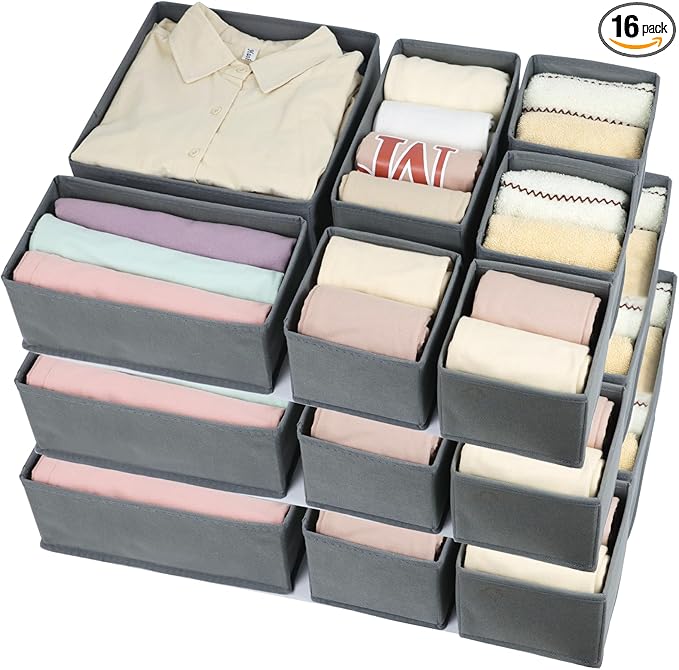 16 Pcs Drawer Organizer,Fabric Closet Organizer and Storage Baskets,Foldable Drawer Divider for Clothing,Sock,Ties,Underwear Drawer Organizers,Cabinet Storage Boxes (Gray)