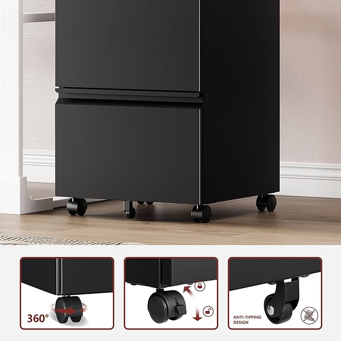 2 Drawer File Cabinet，Mobile Filing Cabinet with Lock and Wheels，Fully Assembled Metal Under Desk File Cabinets for A4/Letter/Legal Size（Black