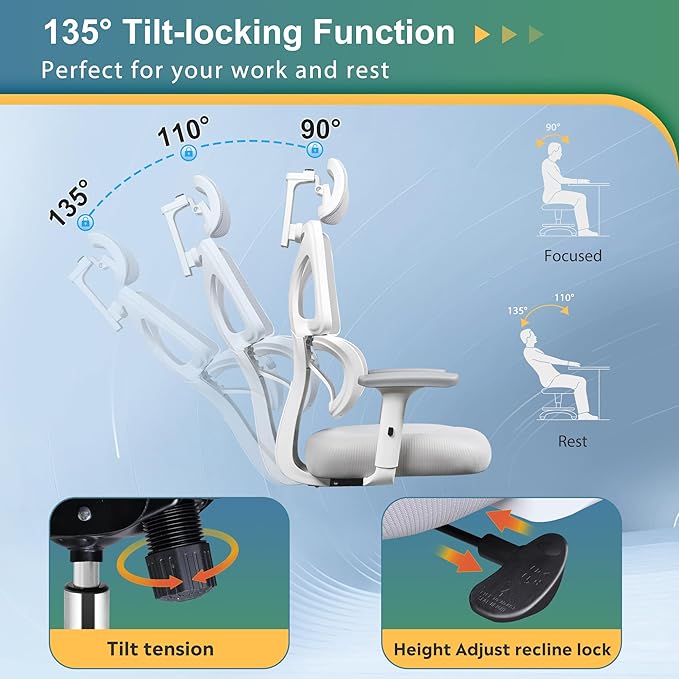 DEVAISE Office Chair Big and Tall Reclining Ergonomic Desk Chair for Long Hours, Comfy Breathable Mesh, Adjustable Armrests with Lumbar Support, White