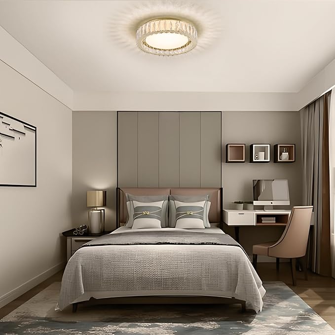 15 Inch Gold Modern Crystal Flush Mount Chandelier,Large Dimmable LED 5CCT 3000K-6000K 36W Round Close to Ceiling Lighting Fixtures for Dining Room,Kitchen,Living Room,Bedroom