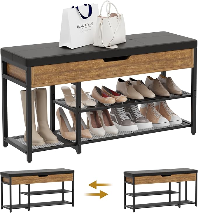 Shoe Rack Bench with Upholstered Cushion, Shoe Storage Bench with Adjustable Shelf and Hidden Storage Compartment for Hallway Entryway Living Room Rustic Brown (2-Tier)