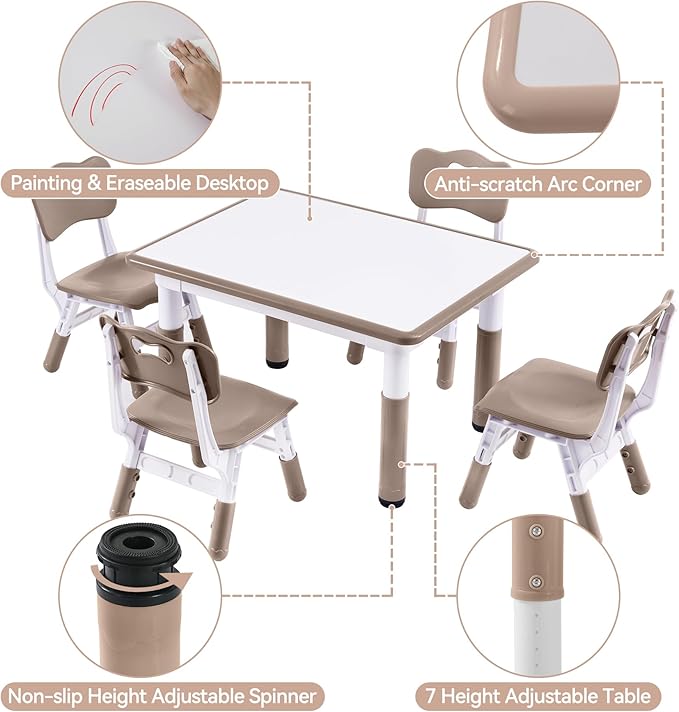 Height-Adjustable Kids Table and 4 Chairs Set, Toddler Table and Chair Set with Graffiti Desktop, 31.5''L x 23.6''W Children Activity Table for Daycare, Classroom, Home
