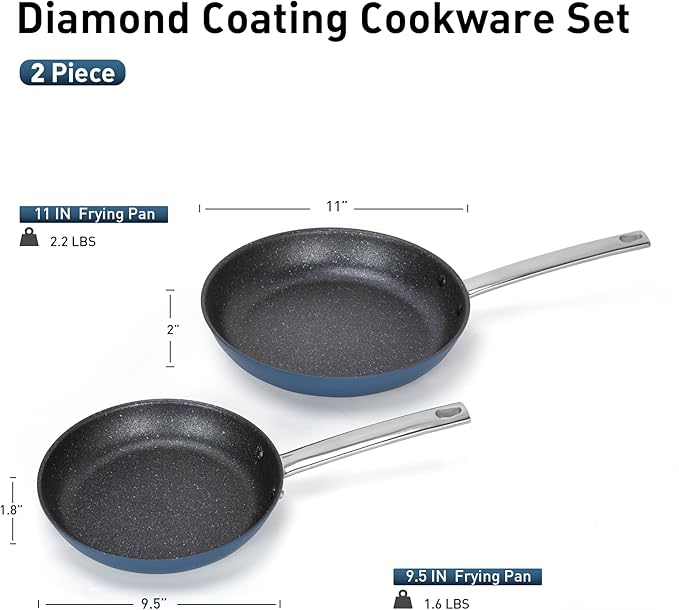 MAISON ARTS Nonstick Frying Pans Set 2 Piece, 9.5" and 11" Skillet with Stainless Steel Handle, Non Toxic Deep Fry Pan, Induction Cookware Sets with Healthy Plasma Titanium Coating