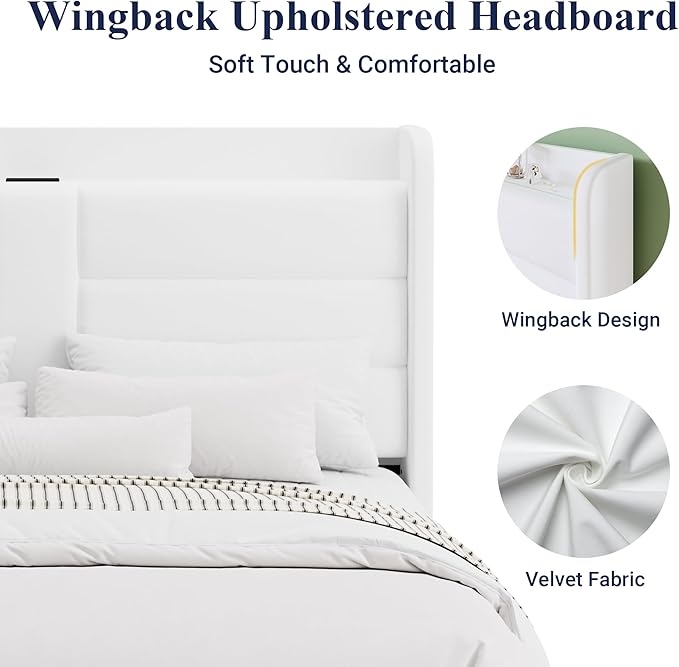 Allewie Full Size Platform Bed Frame with Charging Station & Storage Headboard, Upholstered Velvet Wingback Design & USB Port, Strong Wooden Slats Support, No Box Spring Needed, Easy Assembly, White