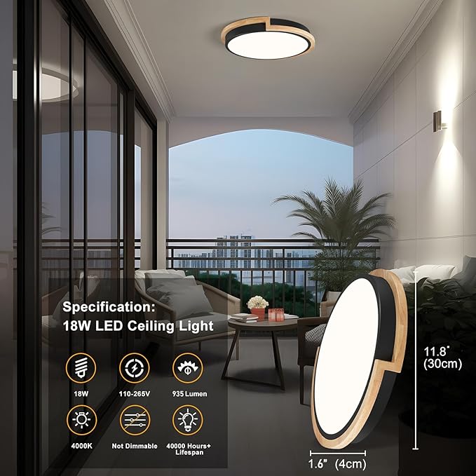 Modern LED Close to Ceiling Light, Round Shape Flush Mount Ceiling Light Fixture, Matte Black with Wood Accent, Minimalist Kitchen Lighting for Bedroom, Entryway, Laundry Room, Hallway 11.8in