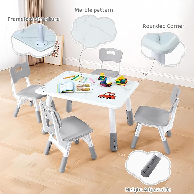 Toddler Table and 4 Chairs Set, Height Adjustable Kids Table and Chairs, 31.5''L x 23.6''W, Marble Pattern & Graffiti Desktop, Children Multi-Activity Table for Home/Daycare/Classroom