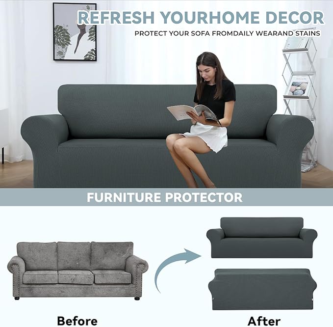 LURKA Stretch Sofa Slipcovers 1 Piece Couch Covers for 3 Cushion Couch Sofa Furniture Protector Full Sofa Covers with Elastic Bottom for Kids and Dog (Large, Grey)