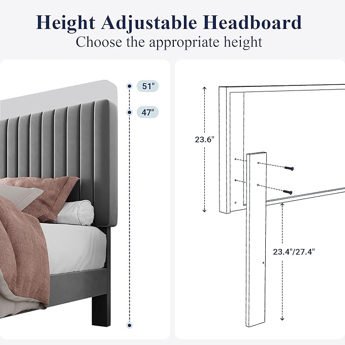 Allewie King Bed Frame, Velvet Upholstered Platform Bed with Adjustable Vertical Channel Tufted Headboard, Mattress Foundation with Strong Wooden Slats, Box Spring Optional, Easy Assembly, Grey