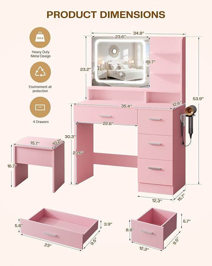 Makeup Vanity Desk Set, 35.4" Wx15.7”Dx53.9“H, Pink (Smart LED Mirror, with Cushion Stool, Hairdryer Rack, Power-Outlet, 4 Drawers, Open Shelves)