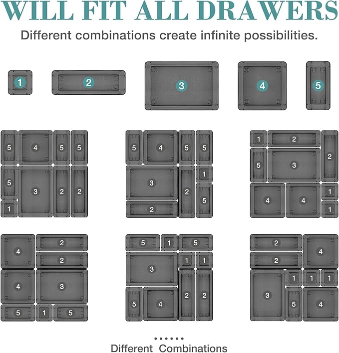 23 PCS Drawer Organizer Set, 5 Varied Size Bathroom and kitchen Drawer cabinet organizer Trays, Clear Storage Bins for Makeup, Jewelry, Utensils and Gadgets, Black