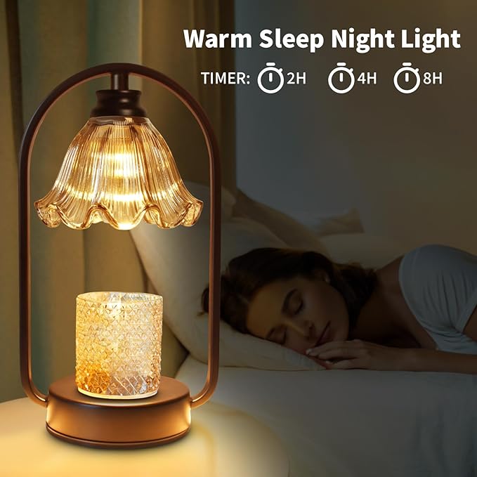 Candle Warmer Lamp with Timer: Black Metal Frame and 4 Dimmer, Heater Wax Warmer for Jar Scented, Home Décor and Housewarming & Birthday Gift for Mom Woman, 2 Bulbs (Crystal Flower & Gray)