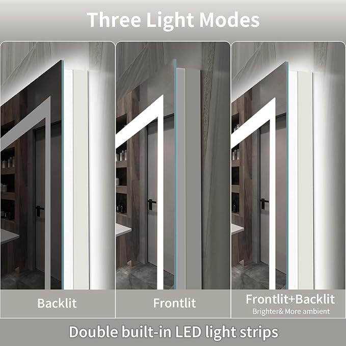 LED Mirror for Bathroom, 55x40 Inch Backlit + Front Lighted Bathroom Vanity Mirror with Lights for Wall, Double Light Strips, 3 Colors, Shatter-Proof, Anti-Fog and Brightness Memory