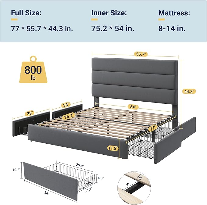 Allewie Modern Full Size Platform Bed Frame with 4 Storage Drawers and Velvet Upholstered Headboard, Wooden Slats Support, Upholstered Mattress Foundation/No Box Spring Needed/Easy Assembly, Grey