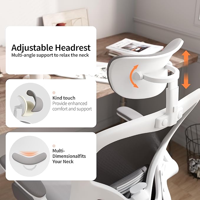 Monhey Office Chair Ergonomic Desk Chair with Lumbar Support&Headrest&Flip-up Arms Height Adjustable Rocking Swivel High Back Computer Chair Warm Taupe Mesh Study Chair (02White+Grey)