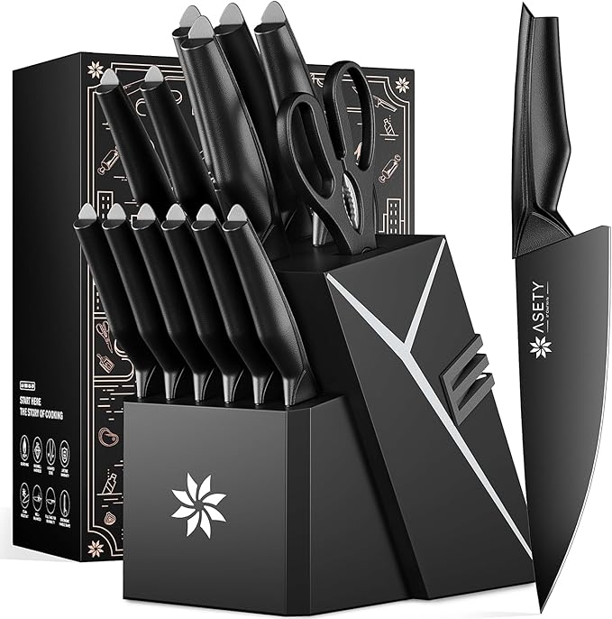 Kitchen Knife Sets with Block -15 PCS Knife Set with Bulti-in Sharpener, Dishwasher Safe, Stainless Steel Kitchen Knife with Ergonomic Handles, Sharp knives for Men and Women,Black