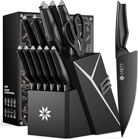 Kitchen Knife Sets with Block -15 PCS Knife Set with Bulti-in Sharpener, Dishwasher Safe, Stainless Steel Kitchen Knife with Ergonomic Handles, Sharp knives for Men and Women,Black