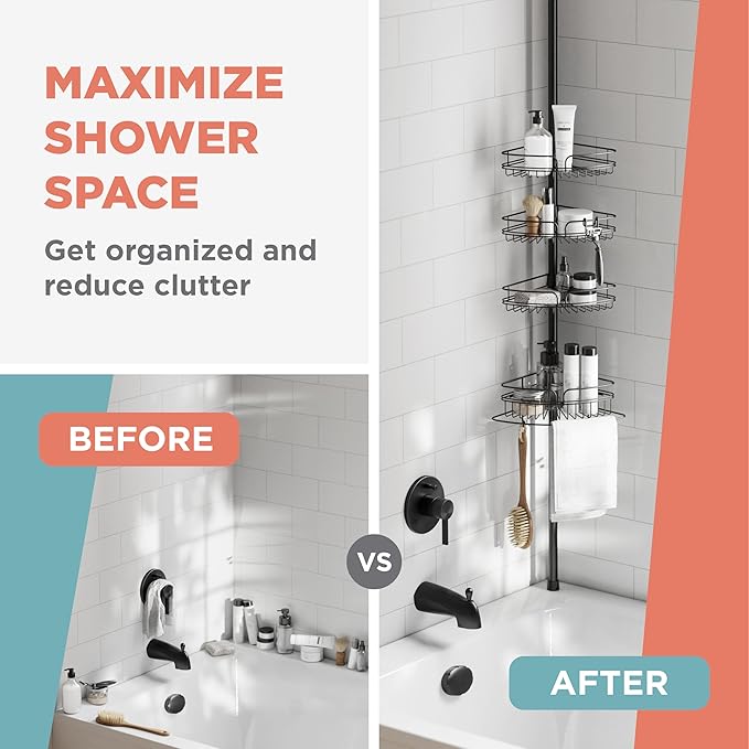 Zenna Home Tension Pole Shower Caddy Corner Organizer, Adjustable Standing Shower Caddy with 4 Baskets and Built in Towel Bar, Rust Resistant Bathroom Tension Rod Organizer, 60 to 97 Inch, Matte Black
