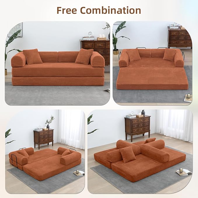 Rovibek 4-in-1 Convertible Sleeper Sofa Bed Queen Size, Foldable Floor Couch Corduroy, Folding Futon Sofa Beds with Pillow and Fixed-Shape Frame, Suitable for Living Room, Bedroom, Lounge, Orange