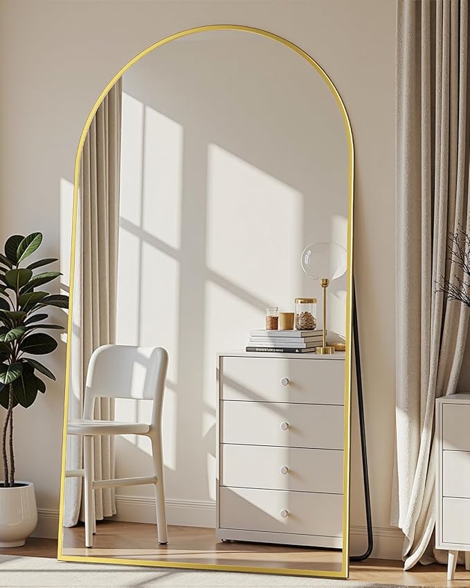 Full Length Mirror with Stand, 72"x44" Arched Full Body Mirror, Large Stand Up Aluminum Frame Floor Freestanding Hanging Leaning Mounted for Bedroom Living Room Entryway Gold