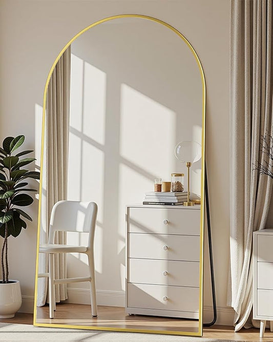 Full Length Mirror with Stand, 72"x44" Arched Full Body Mirror, Large Stand Up Aluminum Frame Floor Freestanding Hanging Leaning Mounted for Bedroom Living Room Entryway Gold
